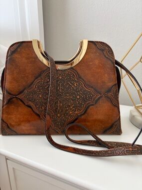 Talja Embossed Brown Leather Satchel with Gold Handle- made in Italy